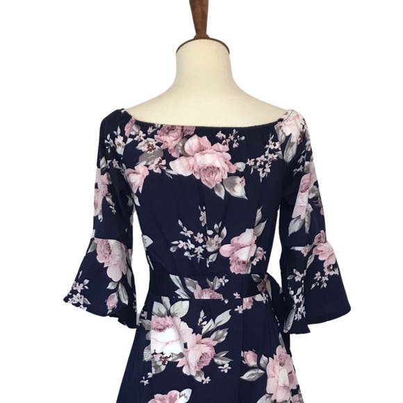 Boho Off Shoulder Navy Floral Chiffon Mini Dress - Picture 11 of 13